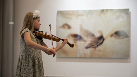 tyttö soittaa viulua, taustalla taulu